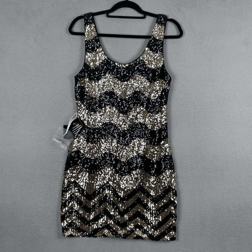 Bebe Dress Womens Large Black Gold Sequin Chevron Bodycon Tank Mini Party